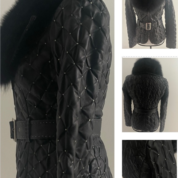 CACHE QUILTED SOFT LEATHER FOX FUR DETACHABLE COLLAR, SILVER DETAILING ON JACKET - Picture 4 of 16